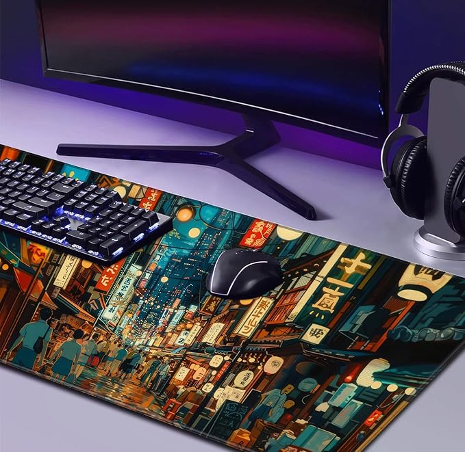 Cute Japanese Street Desk Mat, Anime Tokyo Street Night Scene Large Mouse Mat XXL, Computer Desk Mat 35.4 x 15.7 x 0.12 Inches