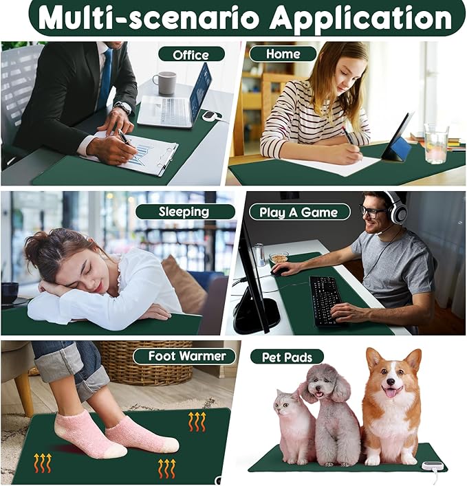 Konohan Heated Desk Pad Warm Mouse Pad, 5 Heating Level & 4 Hour Auto Shut-Off, PU Leather Warm Mouse Mat Heating Keyboard Gaming Mice Warmer Mat Only Supports 110v(Dark Green Color,31.5" X 13")