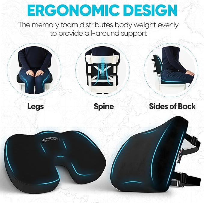 FORTEM Seat Cushion, Office Chair Cushion, Lumbar Support Pillow for Office Chair, Memory Foam Ergonomic Coccyx & Lumbar Support, Car Sitting Pad, Washable Non Slip