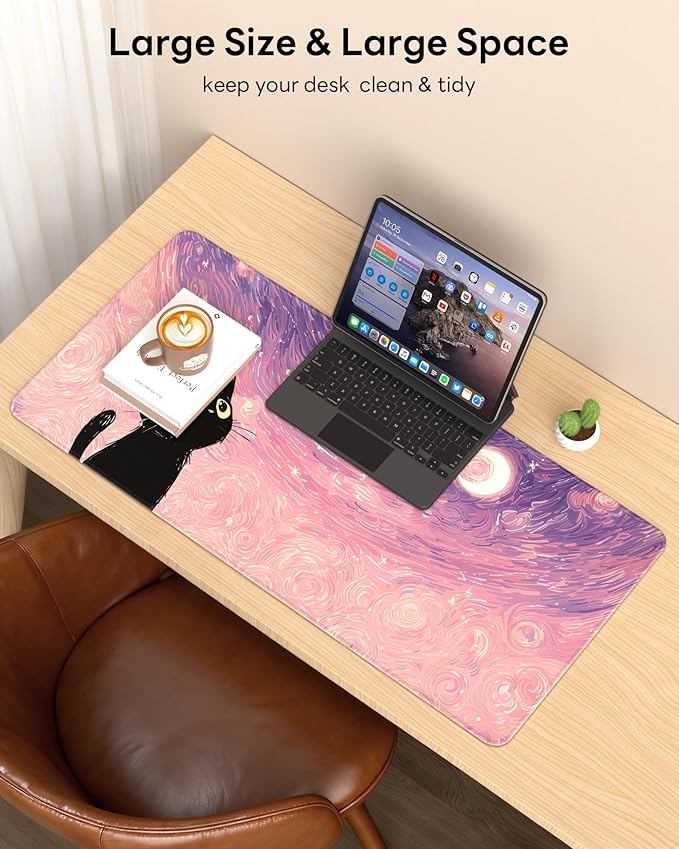 XL Gaming Mouse Pad, 31.5x15.7'' Large Desk Mat with Anti-Slip Rubber Base & Stitched Edges for Gaming, Office, Home, Van Gogh Cat