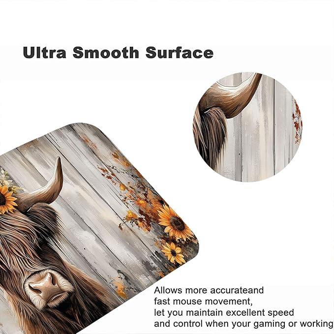 Cute Highland Cow Desk Pad Mouse Pad Watercolor Painting Sunflowers Wooden Large Gaming Mouse Mat with Stitched Edges,Non-Slip Waterproof Rubber Base Mous Mat Office Computer Keyboard Laptop Home