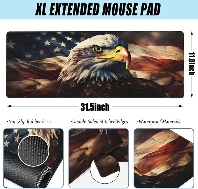 Desk Mat,American Bald Eagle Large Gaming Mouse Pad XL,USA Flag Eagle Desk Pad,Extended Big Computer Keyboard Mousepad with Non-Slip Base and Stitched Edge 31.5"x11.8"