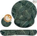 Britimes Ergonomic Mouse Pad Set with Wrist Rest Green Palm Leaves Non-Slip Rubber Base Wrist Cushion Support and Coasters Mousepad with Wrist Support for Computer Keyboard and Desk