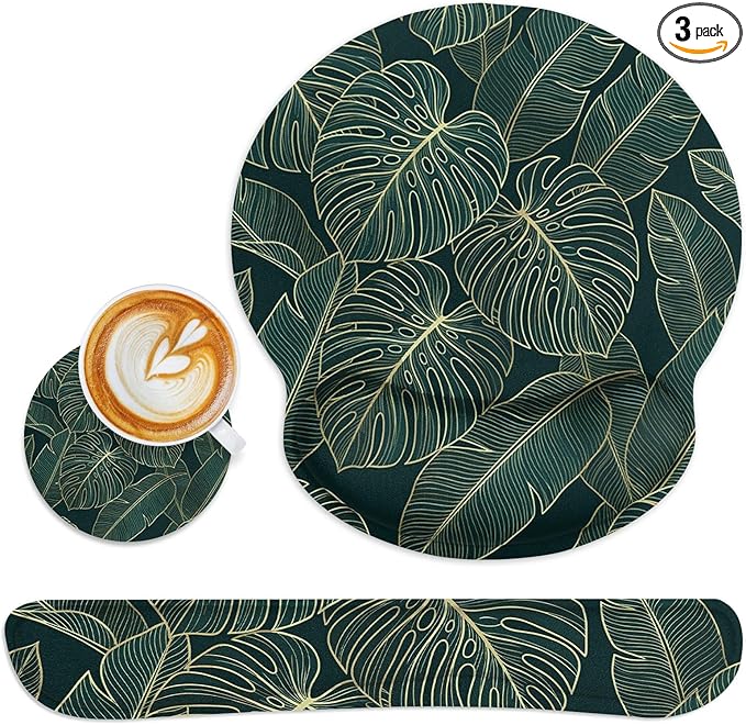 Britimes Ergonomic Mouse Pad Set with Wrist Rest Green Palm Leaves Non-Slip Rubber Base Wrist Cushion Support and Coasters Mousepad with Wrist Support for Computer Keyboard and Desk