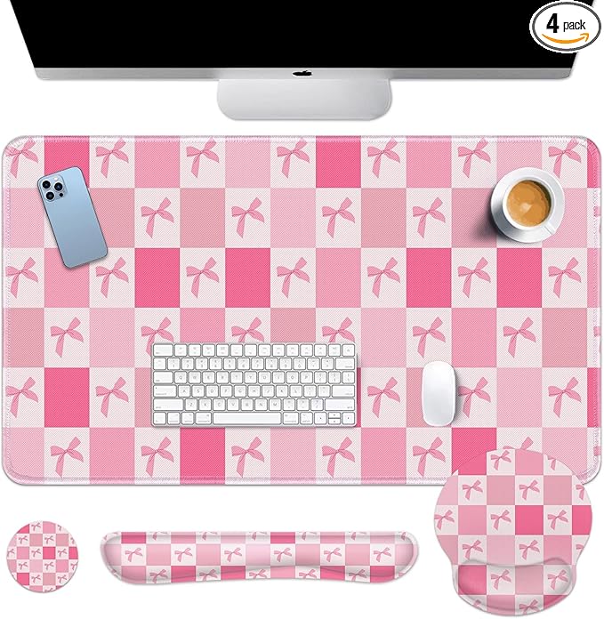 Arttown Pink Bow Checkered Desk Mat Cute Retro Kawaii Mouse Pad Set 4 in 1 Ergonomic Design Large Mouse Pad + Keyboard Wrist Rest + Mouse Wrist Rest + Coaster Suitable for Home Office Study Game