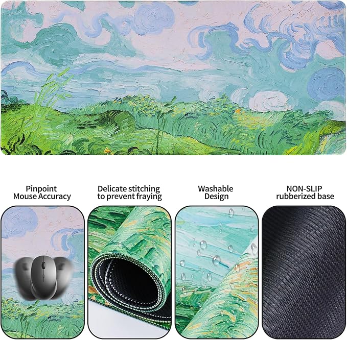Bloss Green Mouse Pad with Wrist Support, XL Desk Mat for Desktop, Wrist Rest with Mouse and Keyboard Pad, Desk Pad Protector for Office and Home-Green Wheat Field(35.4 x 15.7 Inches)