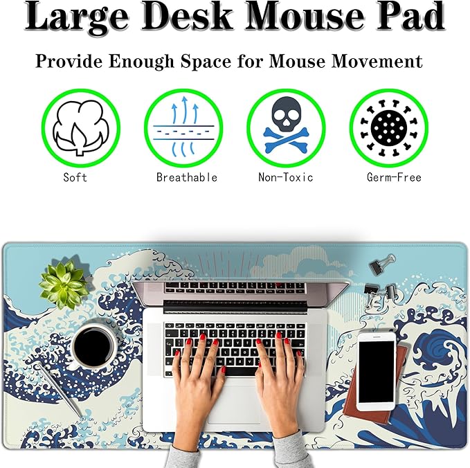 Extra Large Mouse Pad Blue XXL Mousepad, Big Mouse Pads Office Desk Mats, Desk Pad Mat Waterproof Non-Slip Rubber Base, 35.4 X 15.7 inch for Work/Game/Office/Home Japanese Great Wave Art