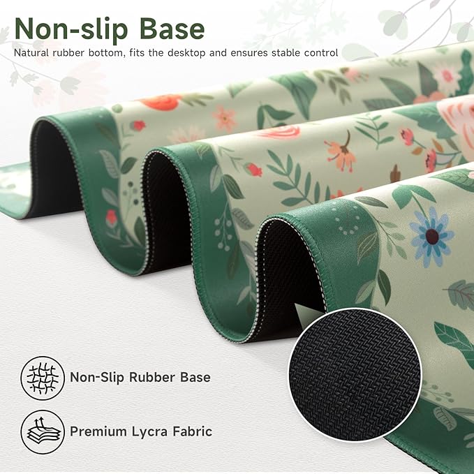 HAOCOO Green Floral Desk Mat for Keyboard and Mouse, Waterproof Desk Matt for Desktop, Large Mouse Pad, Non-Slip Keyboard Mat with Stitched Edge for Office, School, Home
