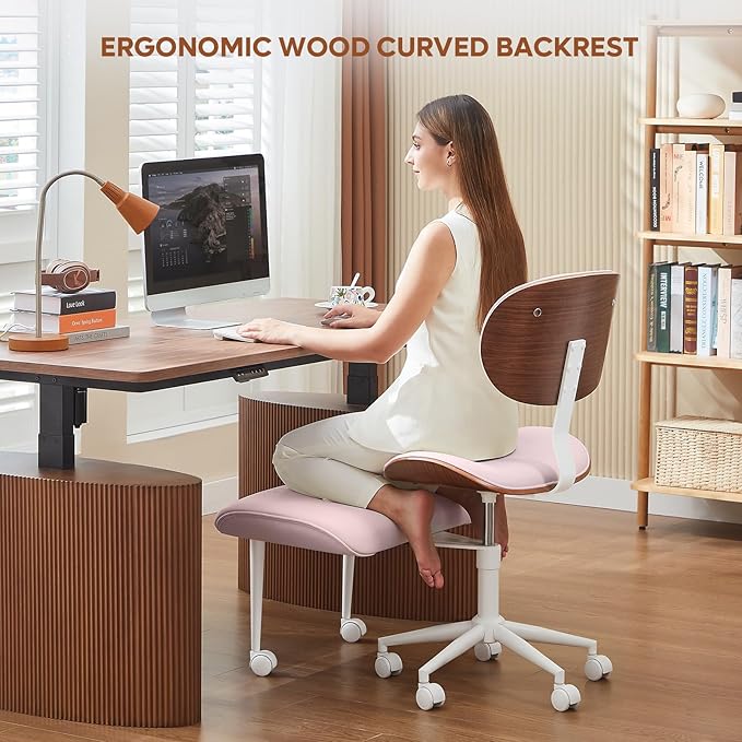 Bestier Ergonomic Cross Legged Office Chair for Women, Meditation Chair with Wider Back Support for Adults, 360° Swivel Office Chair with Wheels, Adjustable Height for ADHD Girl Pink PU Leather