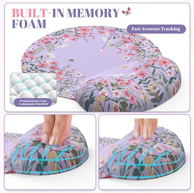 iCasso Desk Mat Set,Large Mouse Pad with Wrist Rest,Ergonomic Keyboard Wrist Support for Women,Girly Floral Computer Mat with Scalloped Edges,Non-Slip Desk Pad Home Office Gaming (Purple)