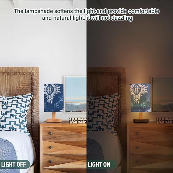 Blue Snowflake LED Table Lamp, Bedside Lamp with Linen Lampshade, Flicker-Free Eye Care USB Plug in Nightstand Lamp, for Bedroom and Office