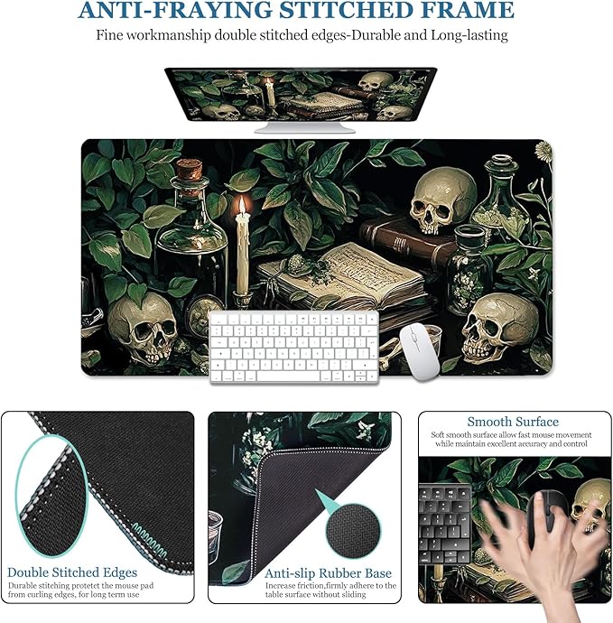 Gothic Botanical Desk Pad, Library Skull Large Gaming Mouse Pad, XXL Desk Mat Anti-Slip Waterproof Big Mousepad with Stitched Edges, Keyboard Mouse Mat for PC, Laptop, Work, Office, Home