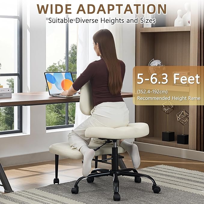 Ergonomic Criss Cross Legged Office Chair, ADHD Chair, Wide Height Adjustable Seat 360° Swivel Footstool with Wheels, PU Leather Meditation Kneeling Chair, for The Restless Home Workers, Beige
