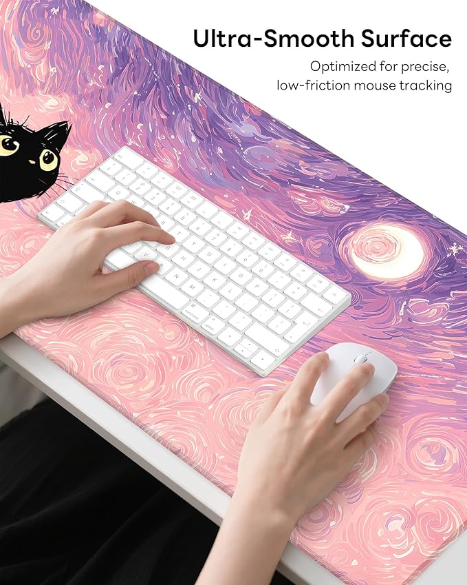 XL Gaming Mouse Pad, 31.5x15.7'' Large Desk Mat with Anti-Slip Rubber Base & Stitched Edges for Gaming, Office, Home, Van Gogh Cat