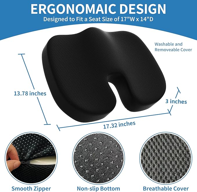 Seat Cushion & Office Chair Cushion, Lumbar Support Pillow for Office Chair, Ergonomic Memory Foam Non-Slip Office Chair Cushion, Back Support Cushion for Tailbone & Coccyx Comfort, Black