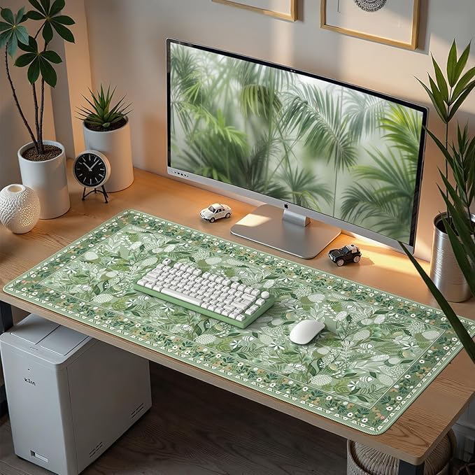 Large Mouse Pad for Desktop, Cute Desk Mat Pad Protector for Work, Aesthetic Pretty Anti-Slip Keyboard Cover for Office School Home Supplies, Green Floral, 35.4" x 15.7"