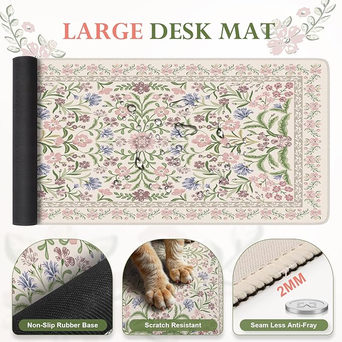 iLeadon Purple Desk Mat Set, Soft Mouse Pad Wrist Support, Anti-Fatigue Keyboard Pad with Wrist Support, Non Slip Long Floral Mouse Pad for Desktop, Teacher Desk Mat with Coaster for Office Women