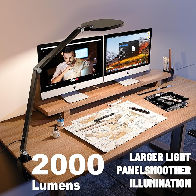Desk Lamp with Clamp for Home Office, 2000LM, 15W, CRI >97.8 Zoom Lighting for Video Calls, 3 Colors & 10 Brightness, Remoted Desk Light with Memory & Timer