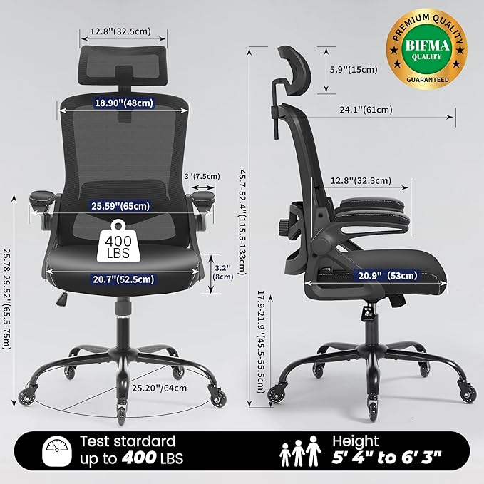 Fizzin Office Chair, Ergonomic Office Chair with Adjustable Headrest Lumbar Support Computer Chair, Desk Chair Comfy with Flip-up Armrests, Gaming Chairs for Adults Home Office (Leather, Black)