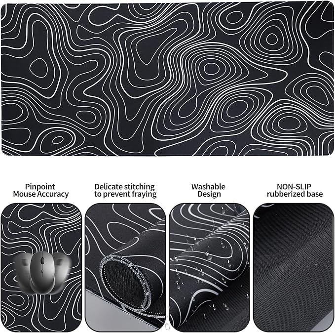 Bloss Large Gaming Mouse Pad XL Desk Mat, 4-in-1 Mouse Pad with Wrist Rest, Large Desk Pad, Keyboard Pad for Office/Home-Black and White Topography (31.5 x 15.7 x 0.12 Inches)
