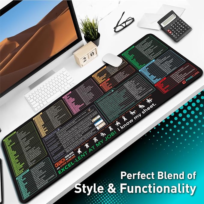 Excel Shortcut Keys Mouse Pad - Extended Large XXL Cheat Sheet Gaming Mousepad | PC Office Spreadsheet Keyboard Mat | Non-Slip Stitched Edge