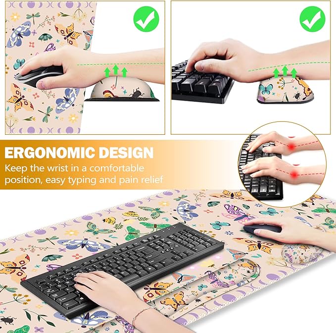 ARTSO Desk Mat Set, Apricot Extended Gaming Mouse Pad with Wrist Rest Support +Keyboard Wrist Rest +Coaster, Large Cute Butterfly Mousepad, Easy Typing & Comfort