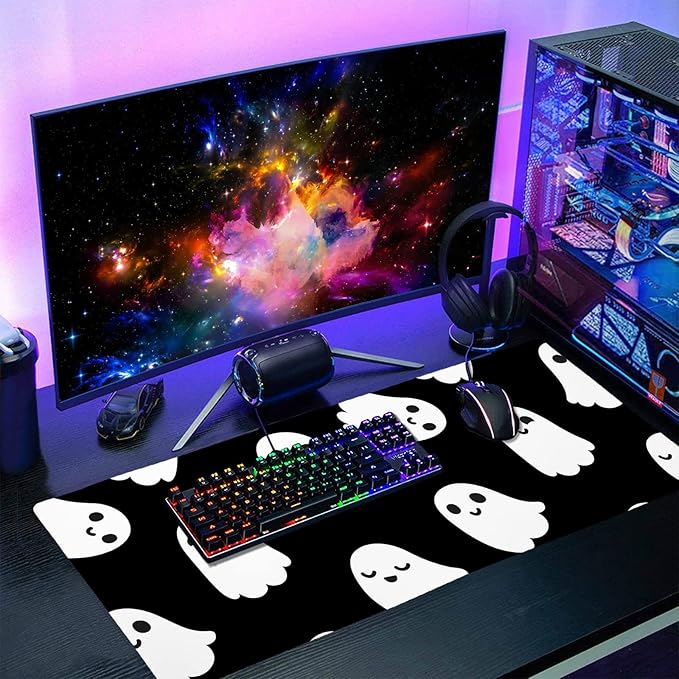 Halloween Cute Ghost Mouse Pad Kawaii Cartoon Spooky Funny Spirit Extended Desk Mat Non-Slip Rubber Base Stitched Edge Large XXL Black White Mousepad for Gaming Laptop Computer Desktop 35.4×15.7 in