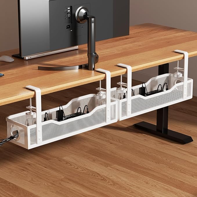 [Upgraded] 2 Pack Under Desk Cable Management Tray, Cinati Cord Organizers for Table Thickness up to 3", 16" Wire Organization with Clamp No Drill, Cable Management Box for Office - No Damage to Desk
