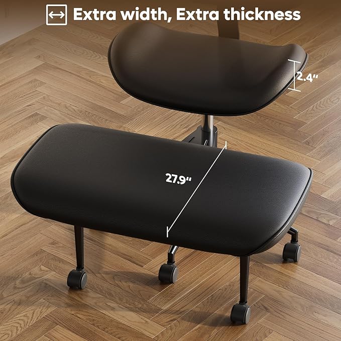 Cross-Legged Office Chair with Footrest, PU Leather Armless Desk Chair, Wide Padded Seat for Cross Leg Sitting, Adjustable Height & Swivel, Modern Home Office Chair, Black