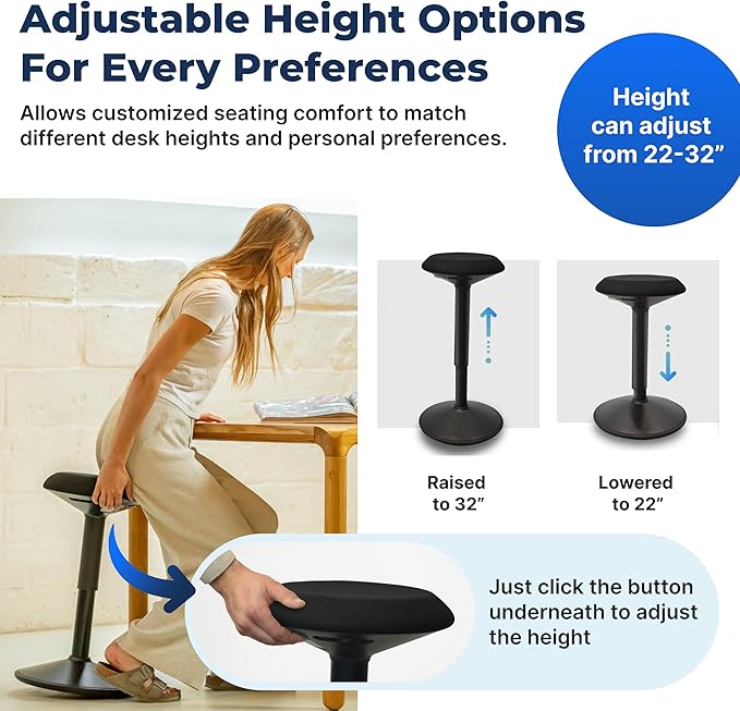 Standing Desk Stool Chair, Height Adjustable Stool 21-31 inch for Office and Classroom, Swivel Stool, Anti-Slip Bottom Ergonomic Wobble Stool with Rocking Motion, Black