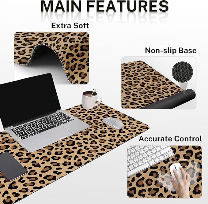 Arttown Leopard Desk Mat Brown and Black Leopard Print Mouse Pad Set 4 in 1 Ergonomic Design Large Mouse Pad + Keyboard Wrist Rest + Mouse Wrist Rest + Coaster Suitable for Home Office Study Game