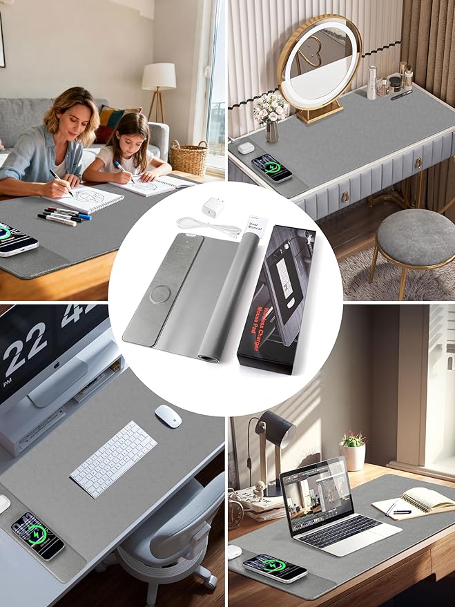 TopMade Mouse Pad with 15W Wireless Charging, XXL Large Leather Desk Mat, Waterproof Gaming Mousepad Home Office Desk Pad Protector, Gray (Includes 20W PD Power Adapter & 6.56ft Woven Cable)