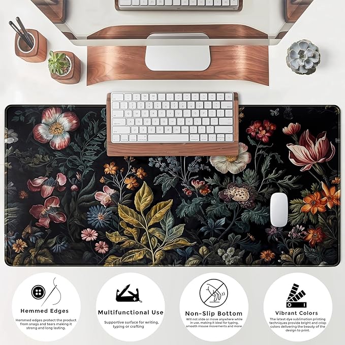 Floral Desk Mat Dark Vintage Aesthetic Desk Pad Flower Plant Black Extended Mouse Pad Large Gaming Mousepad XXL Laptop Computer Mouse Keyboard Mat 31.5 x 15.7 in for Office Desk Decor