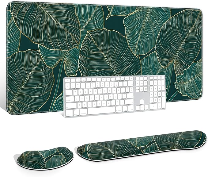 Auhoahsil Large Mouse Pad with Wrist Rests for Keyboard & Mouse, Thick Soft Ergonomic Memory Foam Wrist Supports, Big & Long Desk Mat 35.5 x 15.7 in, for Office Gaming Computer, Tropical Leaf