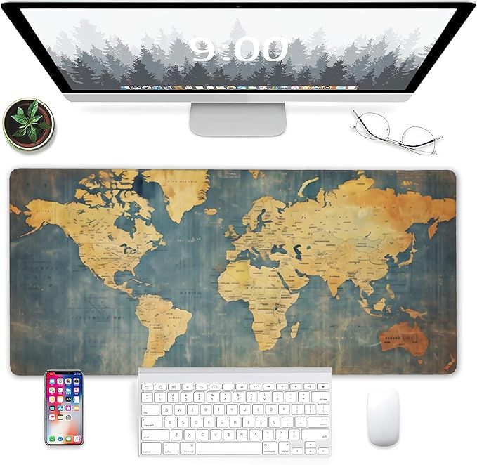 Gaming Mouse Pad, Grunge Vintage World Map Extended Mouse Pad Gaming Large, Big Desk Mat with Non-Slip Base and Stitched Edge, Long Computer Keyboard Mouse Mat for Home Office Work 31.5"x15.7"