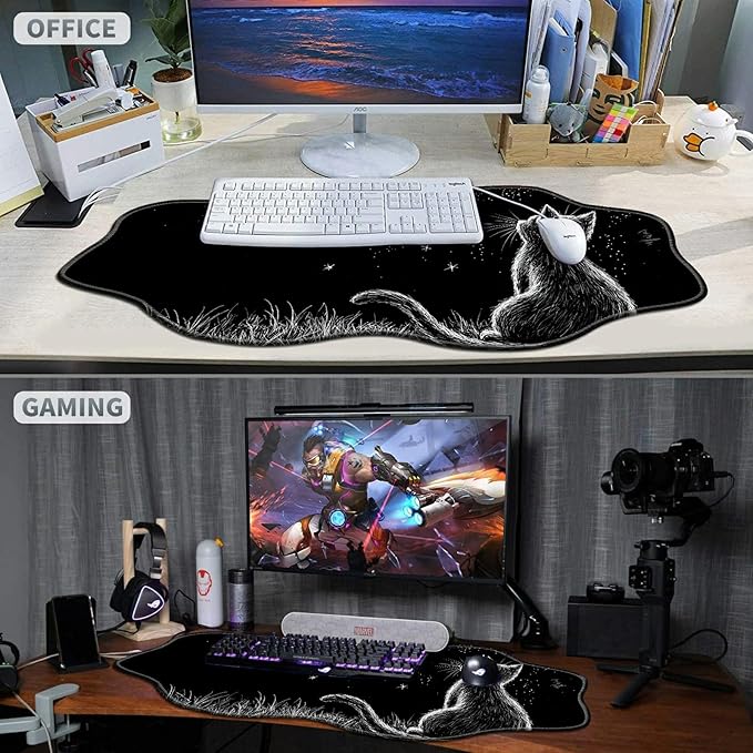 Black Cat Moon Large Gaming Mouse Pad Plus a Coaster, 35.4 x 15.7 inches Desk Mat Extended XXL Mousepad with Stitched Edge Non-Slip Rubber, Desk Pad Computer Mouse Mat for Home Office