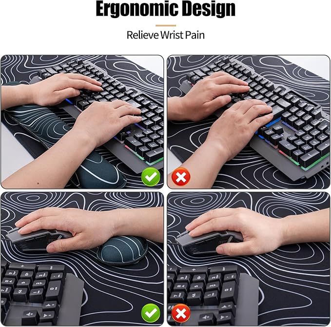 Bloss Keyboard Mouse Pad Set, Large Gaming Desk Pad+Keyboard Wrist Rest+Mouse Wrist Cushion+Coaster, Non-Slip Desk Mat, Home Office Essentials-Black and White Topography (35.4 x 15.7 Inches)
