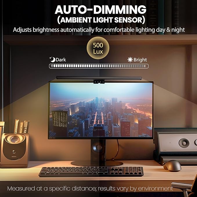 Monitor Light Bar 19.7”, No-Glare Asymmetric Screen Lamp, Auto-Dimming, CRI Ra97, 2700K–6500K & Stepless Dimming, Touch Control, Includes 5V/2A Adapter, Fits 0.2–1.1” Monitors (Not for Laptops)