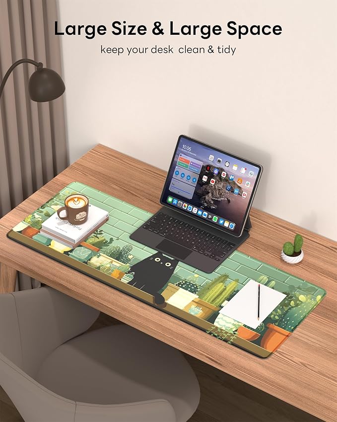 Cute Cat Mouse Pad, 31.5 x 11.8 Large Desk Mat with Stitched Edges & Non-Slip Base, Mousepad for Office, Home, Work