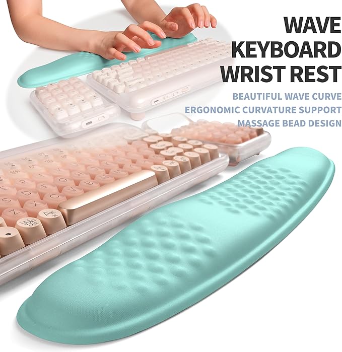 2-in-1 Ergonomic Set, Wave Keyboard Wrist Rest and Massage Slope Mouse Pad Wrist Support, Rebound Memory Foam for Ergonomic Comfort (Light Blue)