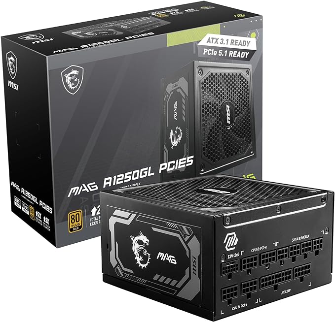 MSI MAG A1250GL PCIE5, Fully Modular Compact Gaming 1250W Power Supply, 80+ Gold, ATX 3.1 & PCIe 5.1 Ready, Native Dual-Color 12V-2x6 Cable, 10 Year Warranty