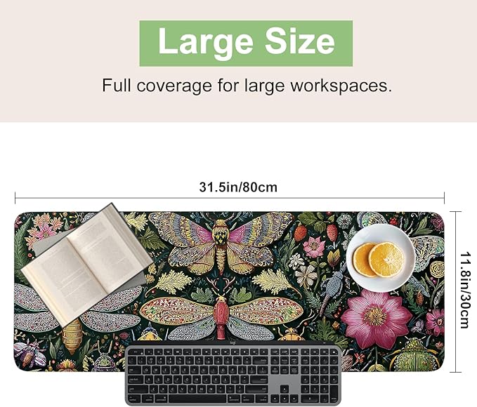 Desk Mat, XXL Extended Gaming Pad for Desktop, 31x12 Inches Butterflies and Dragonflies Garden Scene, Large Non-Slip Vegan Leather Keyboard Mouse Mat for Home Office