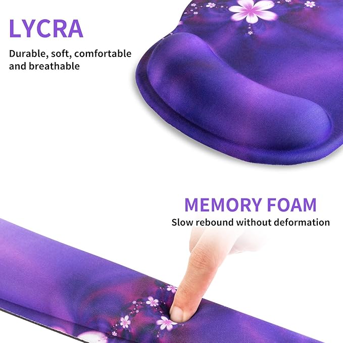 Ergonomic Keyboard Mouse Pad Wrist Rest Support Set for Laptop/Computer/Desktop,Memory Foam Hand Rest Wrist Cushion for Gaming/Office,Lightweight Comfortable (Purple, Flower)