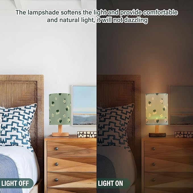 Green Daisy LED Table Lamp, Bedside Lamp with Linen Lampshade, Flicker-Free Eye Care USB Plug in Nightstand Lamp, for Bedroom and Office