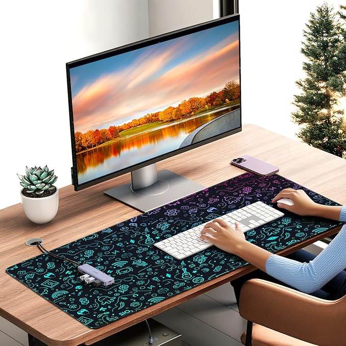XXL Gaming Mouse Pad, Gradient Icon Design, 35.4 x 15.7 Inches, Microfiber Cloth, Rectangular, Non-Slip Rubber Base