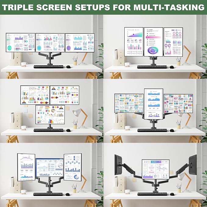 Triple Monitor Desk Mount for Three Flat/Curved Computer Screens up to 27 inch, Fully Adjustable Gas Spring Triple Monitor Arms Hold up to 17.6lbs, VESA 75x75/100x100mm