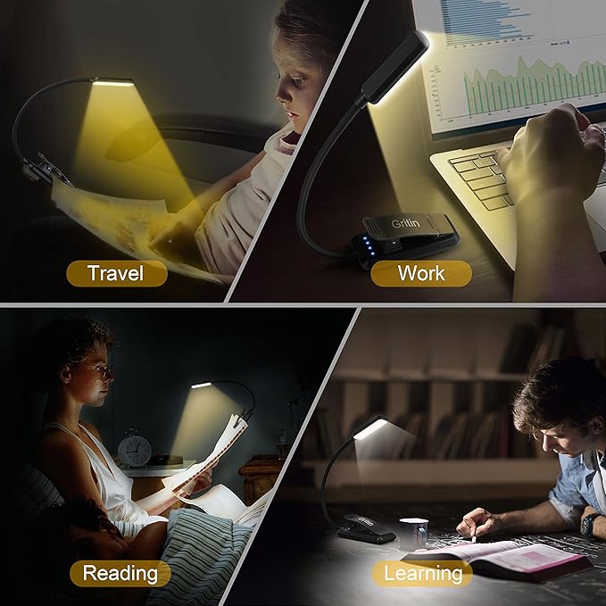 Gritin 2 Pack 9 LED Rechargeable Book Light for Reading in Bed -Eye Caring 3 Color Temperatures, Stepless Dimming Brightness, Small Lightweight Clip On Book Reading Light for Studying