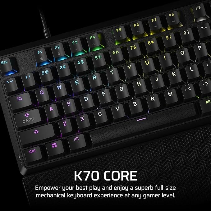 CORSAIR K70 CORE RGB Mechanical Wired Gaming Keyboard with Palmrest – Pre-Lubed MLX Red Linear Switches, SOCD, ABS Double-Shot Keycaps, Sound Dampening, Media Control Dial, QWERTY NA – Black