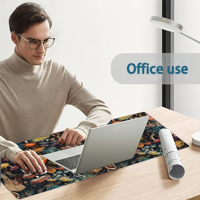 Mushrooms Desk Mat, Vintage Mushroom Floral Extended Gaming Mouse Pad Large, Big Desk Mat with Non-Slip Base and Stitched Edge, Long Computer Keyboard Mouse Mat for Home Office Work 31.5"x15.7"