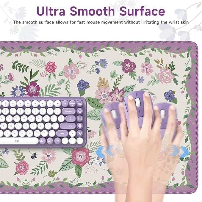 HAOCOO Purple Floral Desk Mat for Keyboard and Mouse, Non-Slip Large Mouse Pad with Stitched Edges, Computer Mats for Desk, Waterproof Keyboard Mat Protector for Woman, Office Present